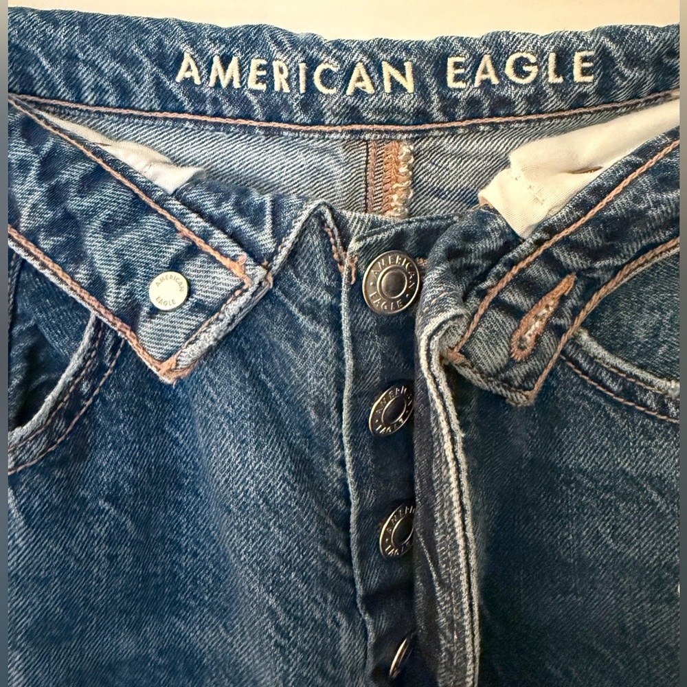 American Eagle Foldover High Waist Straight Leg Jeans, Distressed Blue, 8 Short - Picture 5 of 15